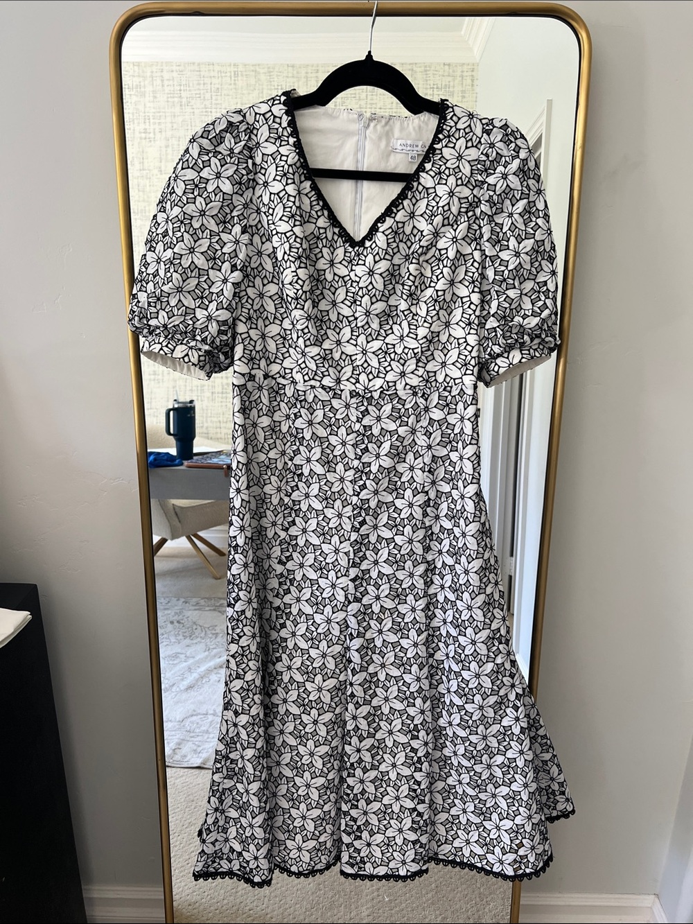 Black and White Floral Eyelet V-Neck Dress